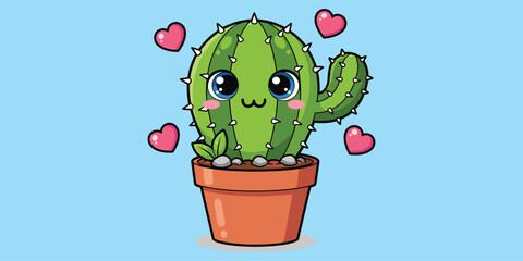Cute cartoon cactus with smiling face, pink hearts, terracotta pot, cheerful plant character for kids, flat vector illustration