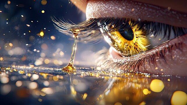 Extreme close-up of a human eye with a golden iris, a single golden tear droplet falling from an eyelash, surrounded by glittering gold particles and bokeh ligh