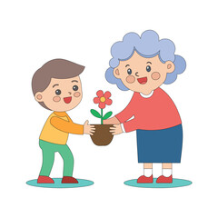 child giving flowers to an elderly lady