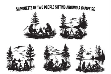Fototapeta premium Camping Couple Around a Bonfire – Forest Silhouette Set