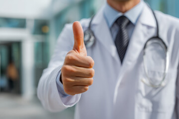 Medical professional in white coat with stethoscope giving thumbs up gesture for positive healthcare and patient confidence outside hospital environment