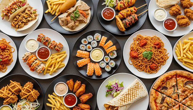 Table filled with sushi rolls, tacos, fried chicken, wings, pasta, fries and pizza displays an irresistible mix of global comfort foods arranged for a delicious shared feast.
