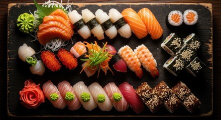 Assorted sushi platter japanese cuisine on a wooden board