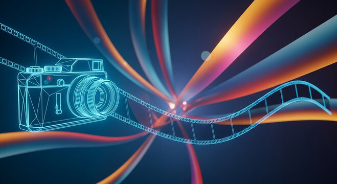 Digital camera captures abstract flowing light trails and dna strand in futuristic neon glow - Powered by Adobe
