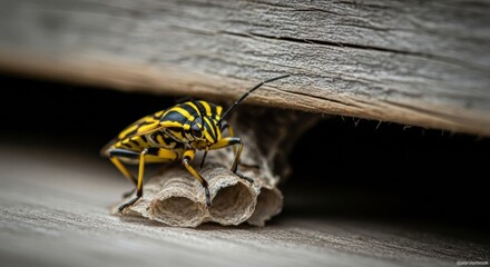 A vibrant yellow and black striped shield bug with long antennae stands on a small, papery wasp nest, captured in a detailed macro view on a weathered wood plank