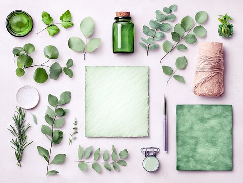 A collection of natural elements and craft supplies arranged on a light pink surface. Includes eucalyptus branches, rosemary, a glass bottle, a small dish of po - Powered by Adobe