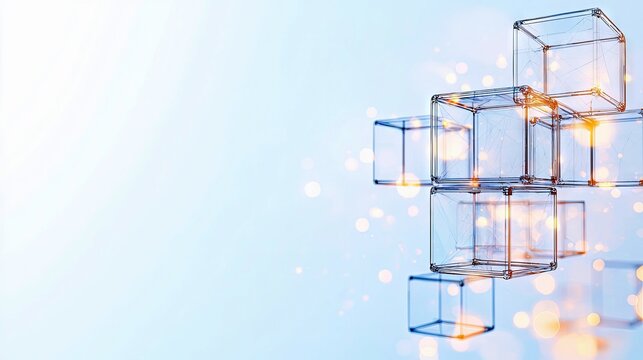 A cluster of transparent, wireframe cubes are arranged in an abstract, geometric formation against a soft blue background with glowing bokeh lights.