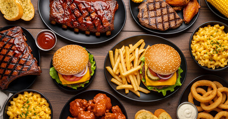 Mouthwatering selection of American style comfort dishes featuring burgers with cheese, barbecue ribs, fries with toppings, steak and sides that highlight indulgent dining.