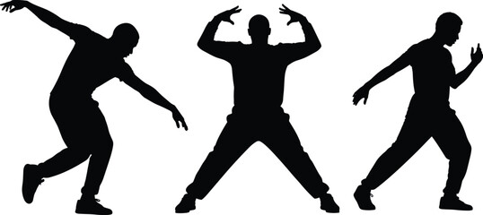 Male Dancers Silhouettes Performing Dynamic Street Dance Moves, Hip Hop, Modern, Energetic, Black and White Vector Illustration Set