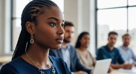 A focused young professional woman with an elegant braided hairstyle listens intently during a business meeting, showing deep concentration and engagement with her diverse colleagues