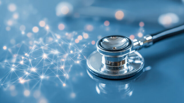 Medical stethoscope on a reflective surface with glowing digital connection network symbolizing healthcare technology and innovation in medicine concepts - Powered by Adobe
