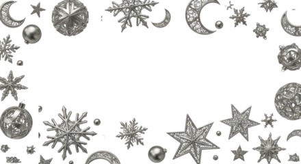 Polished sterling silver filigree geometric snowflakes and celestial stars scattered on a transparent background with ample negative space, luxurious winter holiday banner concept