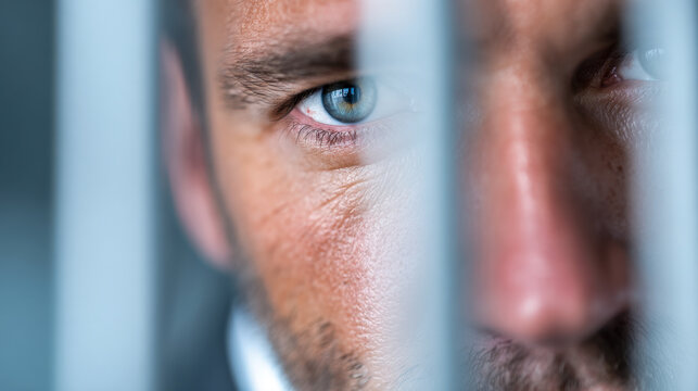 Intense gaze of a man with blue eyes partially obscured by vertical bars, conveying emotion and depth through a close-up portrait composition