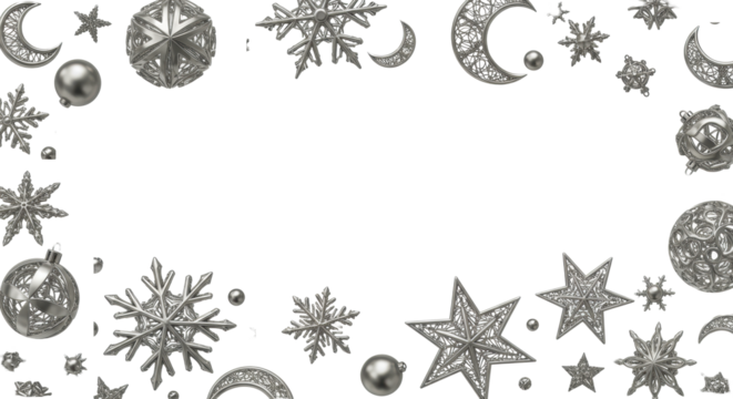 Polished sterling silver filigree geometric snowflakes and celestial stars scattered on a transparent background with ample negative space, luxurious winter holiday banner concept