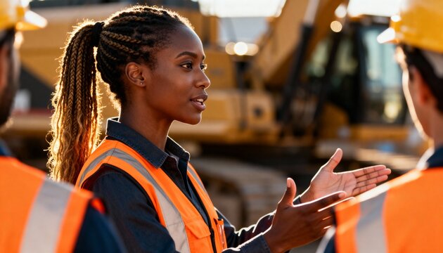 Black female engineer leading a team meeting on a construction site. Professional woman in a safety vest communicating with colleagues. Diversity and leadership in the building industry