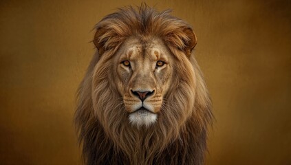 Fototapeta premium Majestic lion portrait with intense gaze on warm brown background highlighting wild beauty and strength