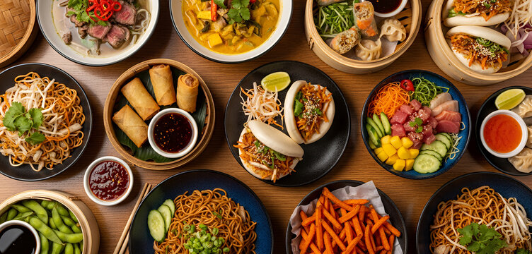 Table showcases a rich spread of Asian cuisine including bao buns, noodles, spring rolls, poke bowls, curry and dumplings arranged beautifully for a flavorful shared feast.
