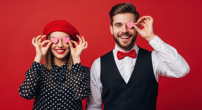 A cheerful and stylish young couple, a woman in a red beret and a man in a bow tie, playfully covering their eyes with pink paper hearts and smiling for a romantic celebration