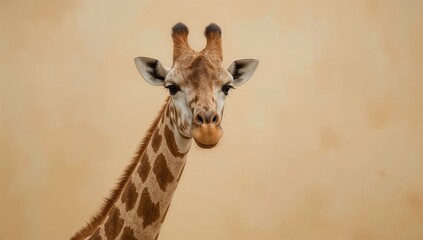 Obraz premium Giraffe portrait closeup against neutral background, wildlife animal safari, gentle expression, african nature, tall mammal