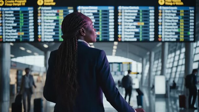 African american businesswoman with long braids standing in the airport terminal, analyzing the flight schedule on the departure board and making a difficult choice for her business trip