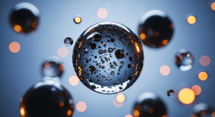 An abstract scientific composition of a transparent liquid sphere filled with dark bubbles, floating serenely with glowing orange bokeh lights in a cool blue environment