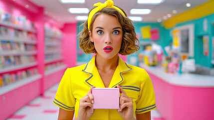 1980s Retro Video Rental Clerk with Amused Expression Holding Blank VHS Case

