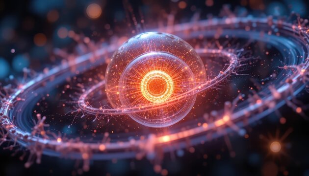 Futuristic glowing sphere with intricate rings, representing technology and innovation, showcasing