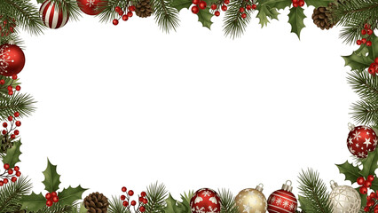 Festive Christmas Border with Pine Branches Berries Ornaments