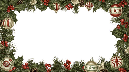 Elegant Christmas Holiday Frame with Ornaments Pine Branches and Berries