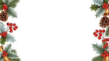 Festive winter holiday frame with holly, pine cones, red berries, and golden bells