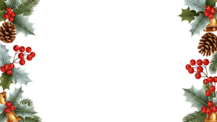 Festive winter holiday frame with holly, pine cones, red berries, and golden bells