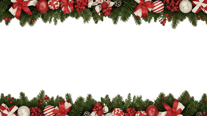 Festive Christmas holiday garland frame with ornaments and gifts