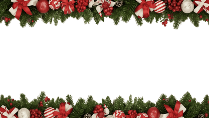 Festive Christmas holiday garland frame with ornaments and gifts