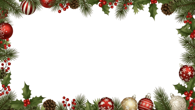 Festive Christmas Border with Pine Branches Berries Ornaments