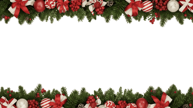 Festive Christmas holiday garland frame with ornaments and gifts