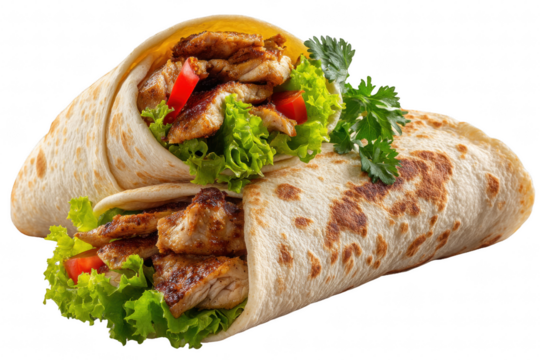 Chicken shawarma wrap in pita bread, isolated on transparent background, realistic texture, professional food photography