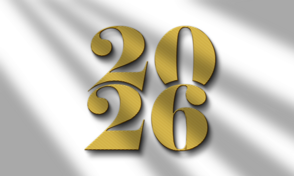 Elegant gold 2026 typography design shines with soft shadows on a smooth gray background. The stylish numeric layout creates a modern and luxurious visual effect. Ideal for branding, celebration graph
