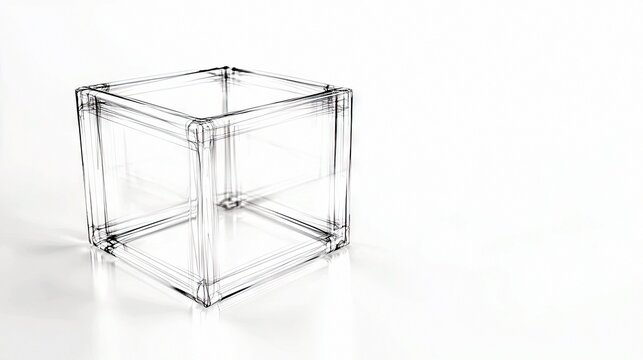 A wireframe sketch of a transparent cube is positioned on a clean white surface, with subtle shadows and soft, bright lighting creating a minimalist aesthetic.