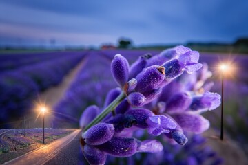 Lavender field blooms create purple waves beside winding road guiding the eye ahead.