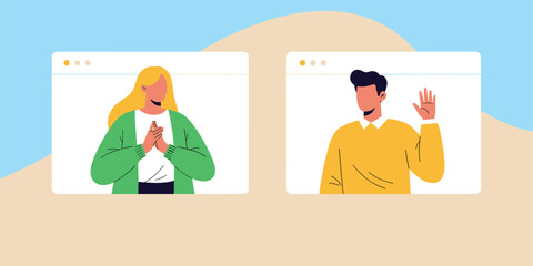 Virtual meeting, online communication, video call, remote work, cartoon characters, browser windows, digital interaction, flat vector illustration