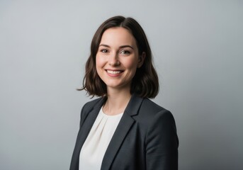 Professional businesswoman smiling confidently in a dark suit