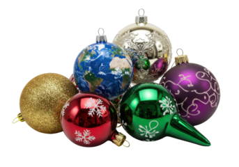 Detailed close-up of varied christmas ornaments: glossy earth bauble, baroque silver, ruby facet, and gold glitter, arranged tightly on transparent background. Global holiday celebration concept
