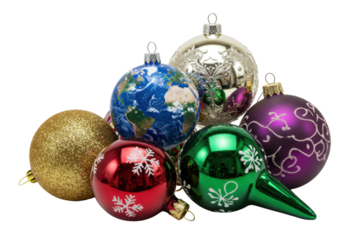 Detailed close-up of varied christmas ornaments: glossy earth bauble, baroque silver, ruby facet, and gold glitter, arranged tightly on transparent background. Global holiday celebration concept
