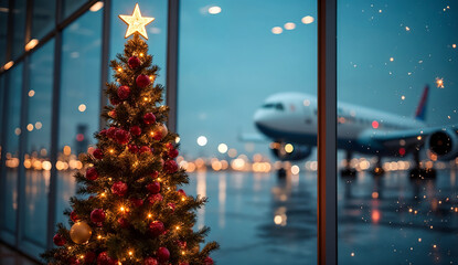 Festive Christmas tree on international airport with airplane background