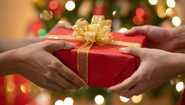 Hands exchanging a red christmas gift with a gold ribbon in front of a tree - Powered by Adobe
