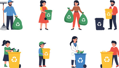Set of people characters involved in recycling and waste management, symbolizing environmental protection, garbage disposal, cleanliness, trash collection, and green volunteerism concept.
