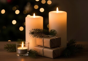 Warm christmas eve glow with lit candles and festive gifts on a wooden surface