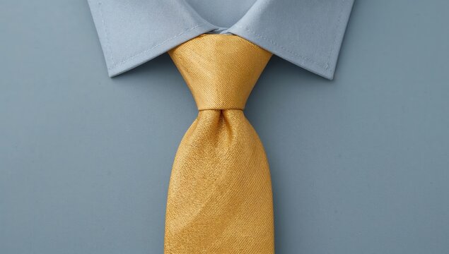 Closeup of yellow silk tie on blue shirt collar business fashion formal style professional attire minimalist outfit - Powered by Adobe