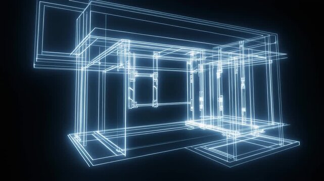 Intricate digital architectural blueprint glowing with vibrant blue lines against a deep dark background, visualizing a modern structural design or complex engineering project
