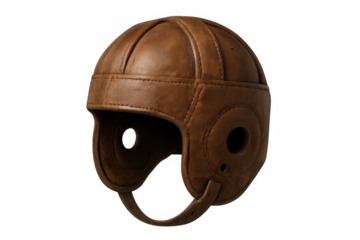 Vintage brown leather football helmet with ear protection and chin strap showing a retro sports concept, transparent background